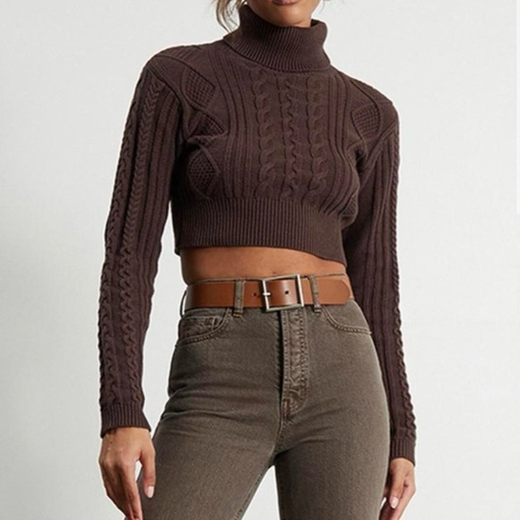 Kendall & Kylie Dark Brown Cropped Turtleneck Sweater - Picture 1 of 5